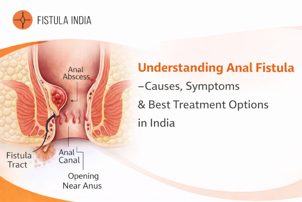 Illustration explaining anal fistula with causes, symptoms and treatment options in India
